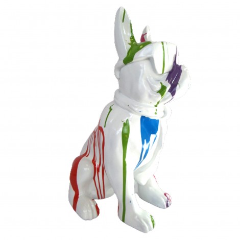 Statue chien bouledogue Français à lunette multicolore fond blanc en résine 60 cm