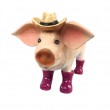 Statue en résine cochon avec chapeau et bottes fuchsia 60 cm