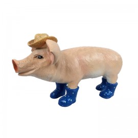 Statue en résine cochon avec chapeau et bottes bleu 60 cm