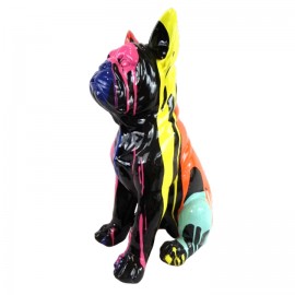 Statue chien bouledogue Français assis multicolore fond noir en résine 60 cm