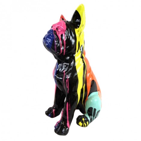 Statue chien bouledogue Français assis multicolore fond noir en résine 60 cm