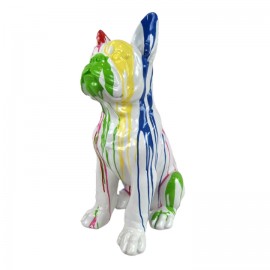 Statue chien bouledogue Français assis multicolore fond blanc en résine 60 cm