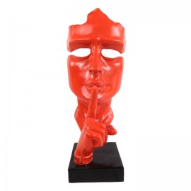 Statue en résine sur socle visage de femme rouge le signe du silence 63 cm