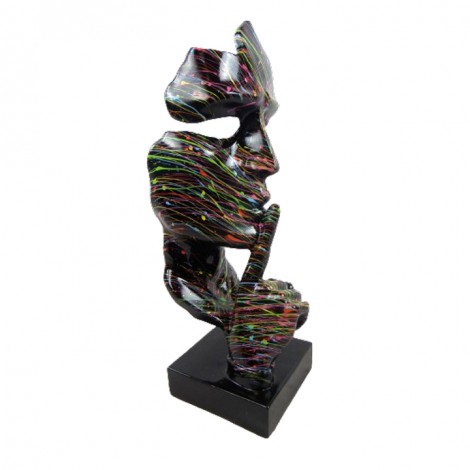 Statue en résine sur socle visage de femme multicolore splash fond noir le signe du silence 43 cm