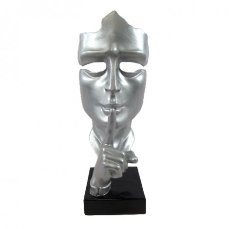 Statue en résine sur socle visage de femme argent le signe du silence 43 cm