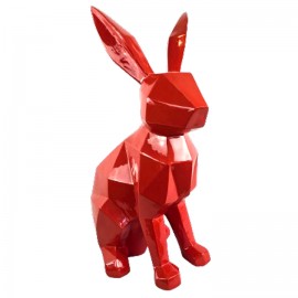 Statue XXL lapin assis rouge origami 82 cm en résine oreilles droite