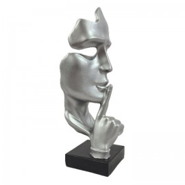 Statue en résine sur socle visage de femme design argent le signe du silence 23 cm