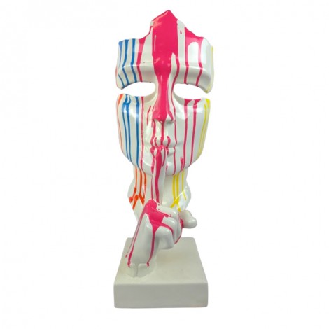 Statue en résine sur socle visage de femme multicolore sur fond blanc le signe du silence 64 cm