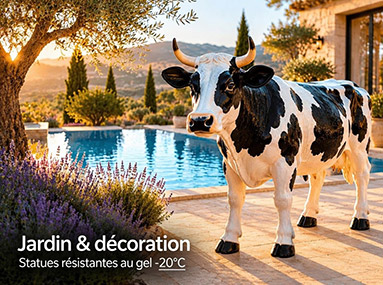 Statue de vache sur une terrasse près d’une piscine